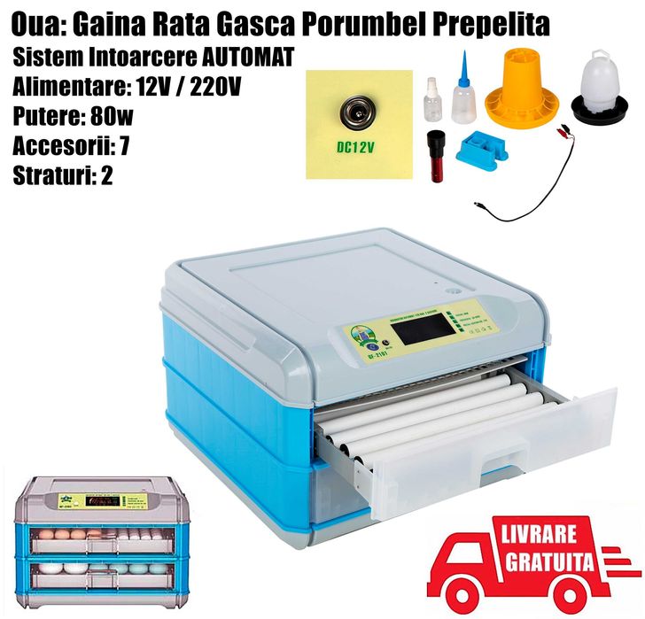 Incubator Clocitoare 128 Oua Gaina, Rata Gasca  Prepelita Automat IS