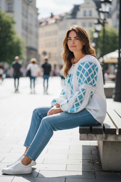 Ie traditionala lucrata manual cu matase turcoaz pe panza fina crem