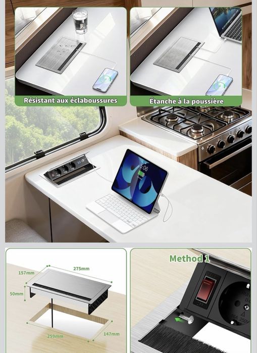 Вграден алуминиев контакт с 3 изхода, 2 USB-C PD 30W порта и 2 USB-A