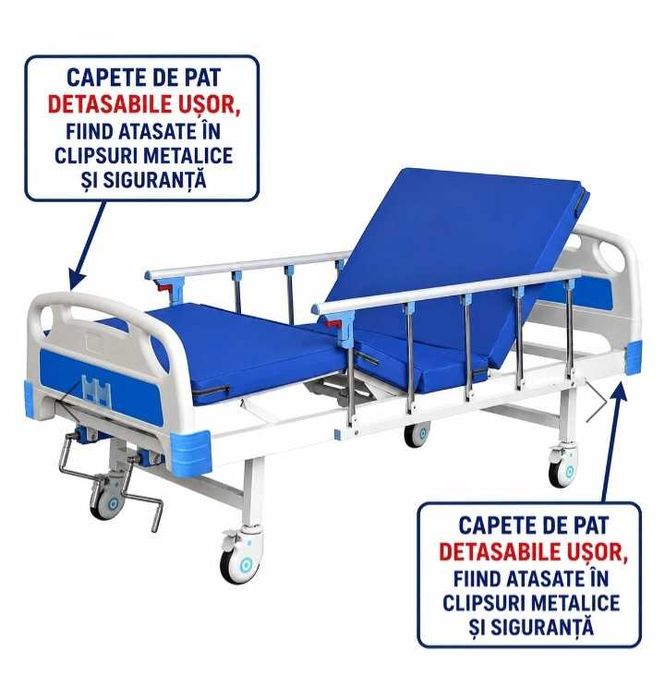 Pat de spital rabatabil profesional medical cu saltea,suport 200 kg, reglare spate și picioare, cu masuta si suport perfuzie - Dr.Denis