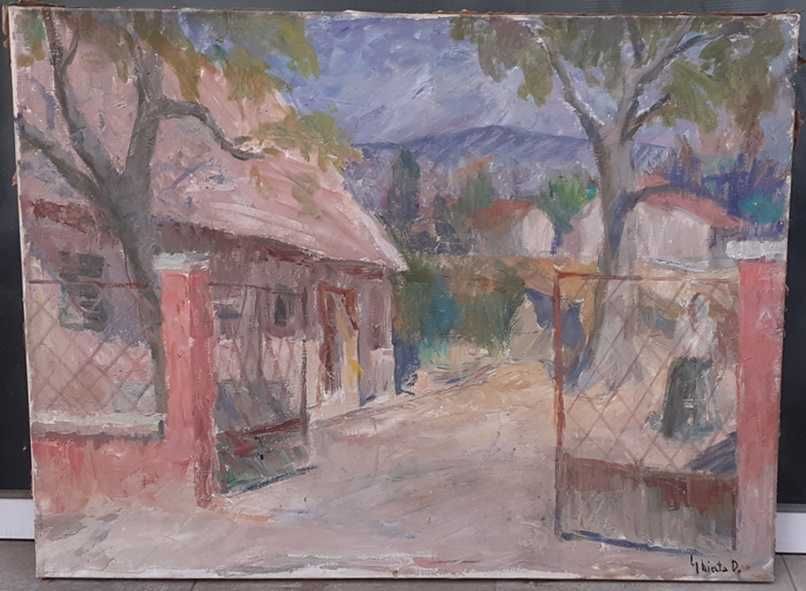 Tablou vechi - in ograda - semnat Ghiata D