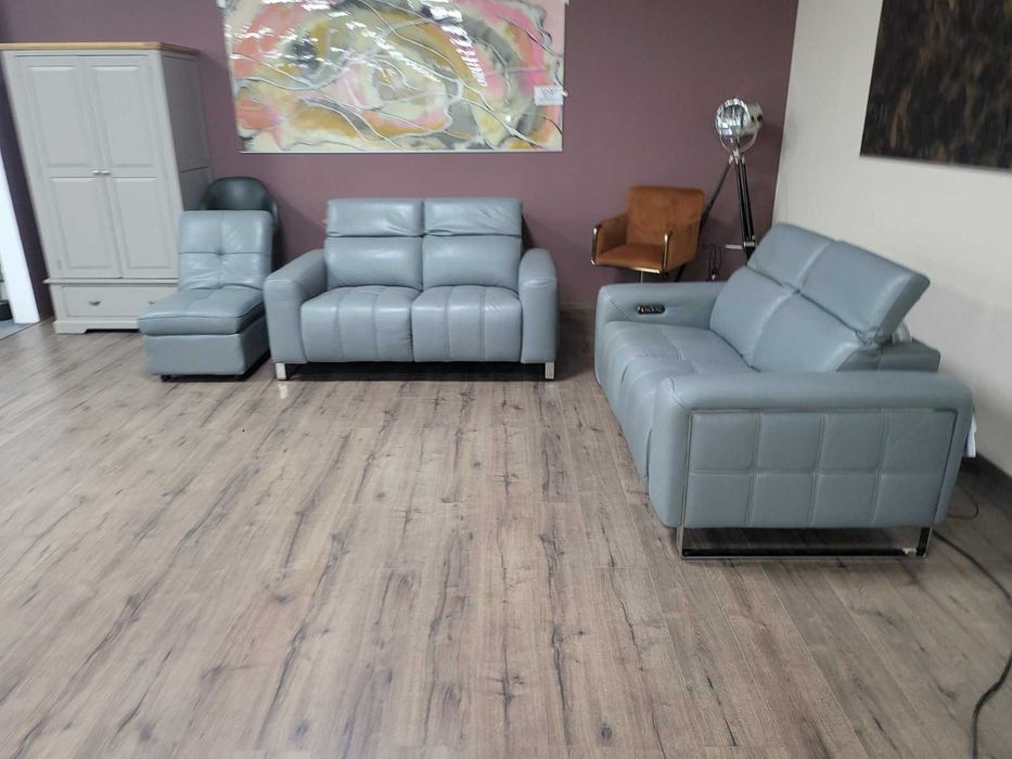 Сив кожен комплект дивани две двойки и табуретка