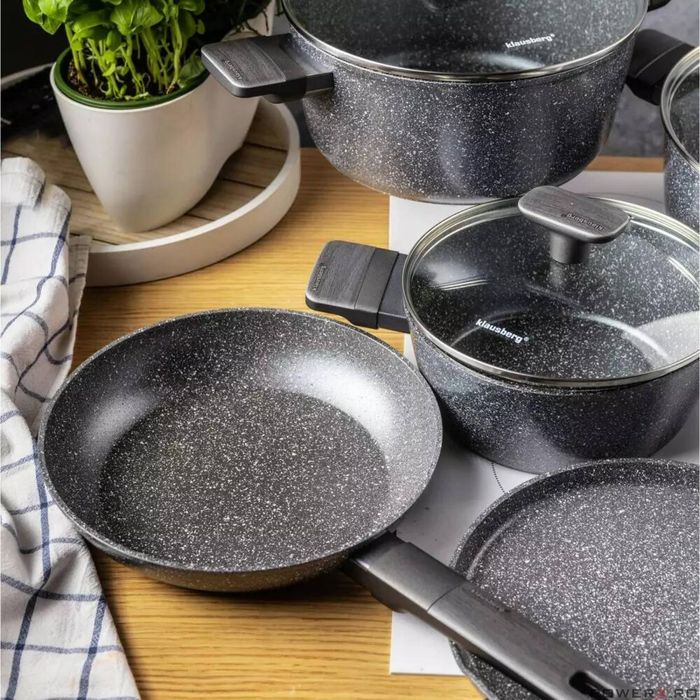 Set oale si tigai, 12 bucati, acoperit antiaderent, gri cu manere din