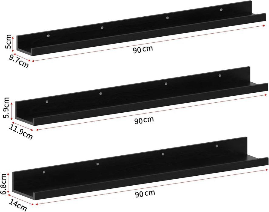 Set 3 etajere de perete EXYGLO, 90 cm, negre