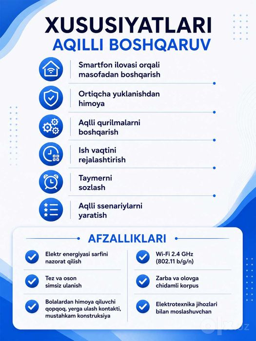 Tuya Smart Life aqlli Wi-Fi rozetka, 16A, 2.4 GHz