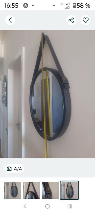 Oglindă rotundă de perete cu curea de piele neagră,diametru 41 cm