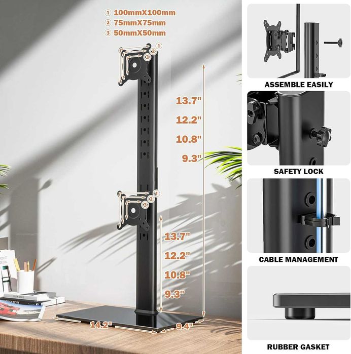 Suport vertical dublu pentru monitoare, 13-34 inch, reglabil, 20kg