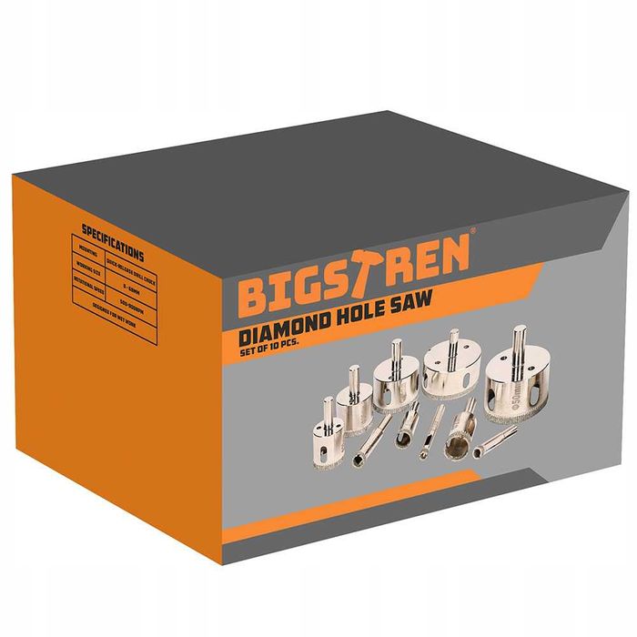 Комплект 10бр. диамантени боркорони за стъкло, фаянс, 6-68мм, BIGSTREN