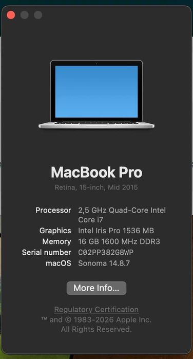 Macbook Pro 15 inch 2015, i7, 16gb RAM, 512 Gb ssd (baterie 13 cicluri)