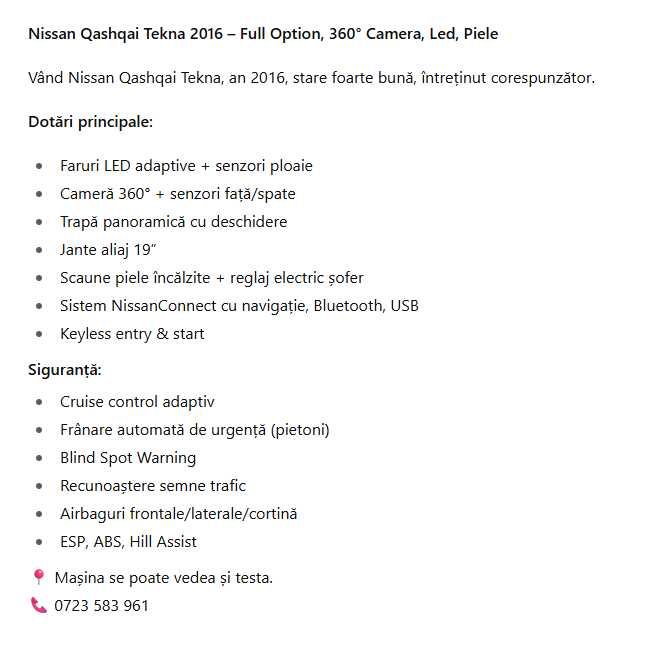 Nissan Qashqai 2016 Tekna – Full Option, întreținut impecabil