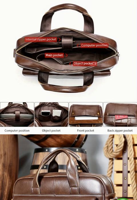 Мъжка кожена бизнес чанта•Ежедневно куфарче за лаптоп15”/-10% Промоция