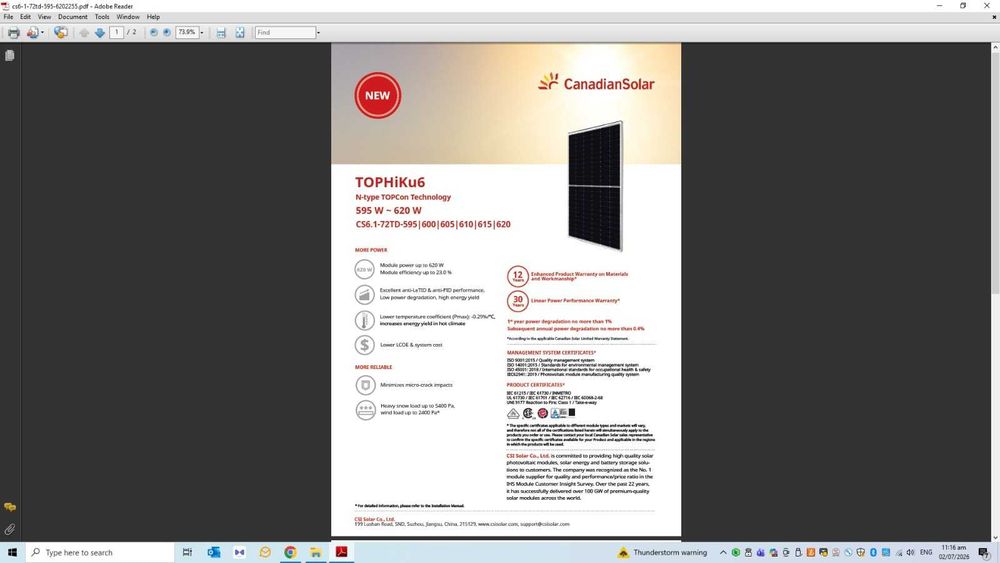 6 panouri fotovoltaice  Canadian Solar CS6.1-72TD-605