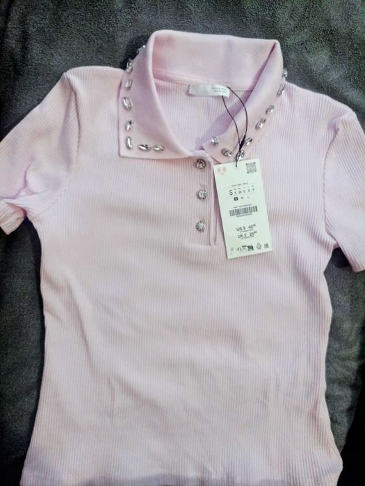 Тениска рипс, розова с камъни Zara, размер S