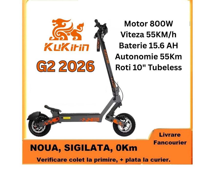 SIGILATA 2026‼️Kukirin G2‼️ 2026, NOUA‼️55KM/h‼️ Motor 800W ( Maxim 1200W ) - Baterie 15.6Ah, Autonomie 45-55Km,  Roti 10 inch  Suporta 120Kg