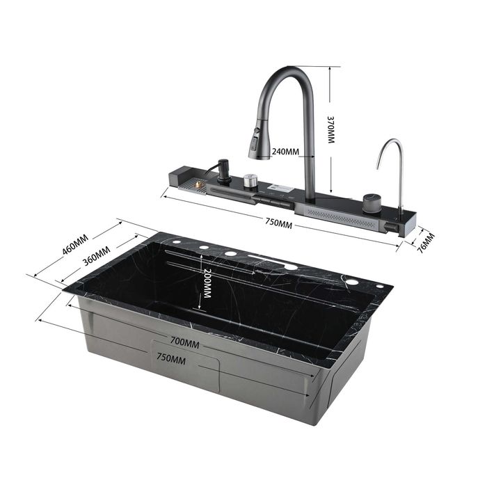 Черен мрамор - Мултифункционална кухненска мивка с двоен водопад