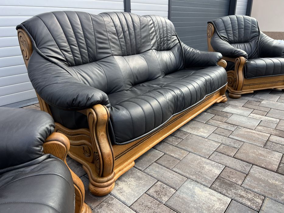 Set canapea canapele 3 - 1 - 1 Lemn Masiv + PIELE Naturala Rustic