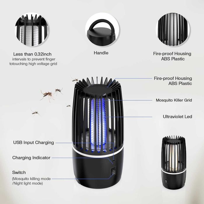 REDUS de la 165 ron, Aparat anti insecte CAMPING 2 in 1 cu lampa UV electrica si lumina, cu acumulator intern, 360 gr
