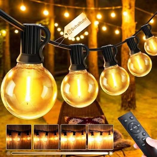 LED външен гирлянд JEYMORKEY, външни градински светлини, G40 LED крушки, IP44 водоустойчив гирлянд за открито