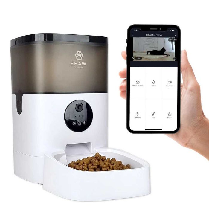 SHAW Pet Feeder Hranitor automat dispenser hrana Smart pentru caini pisici camera video infrarosu aplicatie programabil 4L