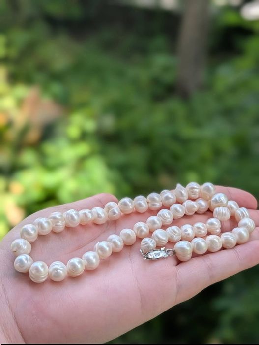 Vechi colier lant cu perle naturale de cultura, cu inchizatoare deosebita, din argint de 835