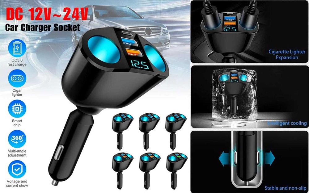 Adaptor bricheta auto, 2 in 1 Afisaj voltaj, 2 USB QC3.0. Nou ambalat!
