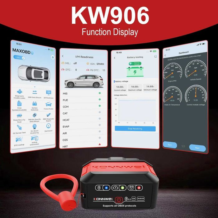 OBD2 диагностика KONNWEI KW906, Bluetooth 5.2 Android IOS съвместим OBDII