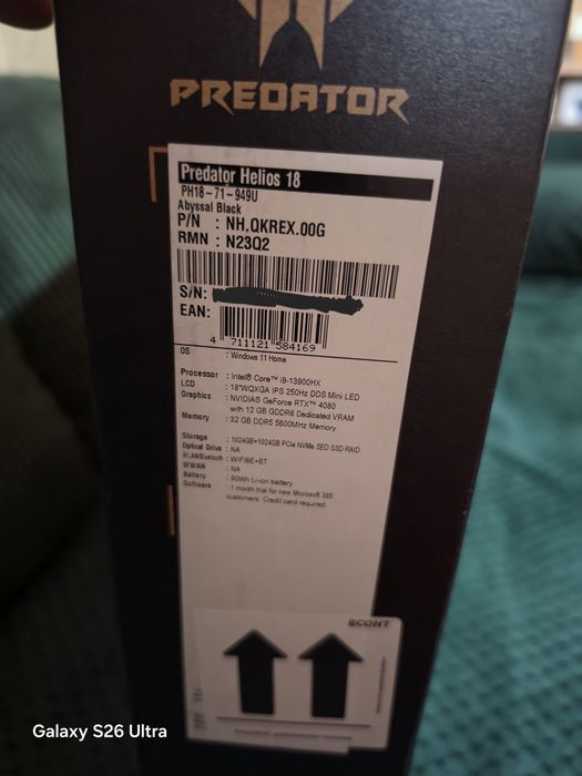 Acer Predator Helios 18 i9-13900HX/RTX 4080 12GB/32GB DDR5/2TB NVMe/250Hz DDS Mini LED 1000Nita/RGB  Като нов!