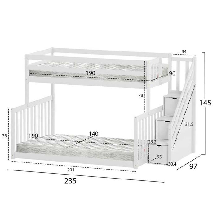 Двуетажно детско легло с влючени матраци, BUNK BED BEAMER, Бял, Масив, 140х190см. - Безплатна доставка!