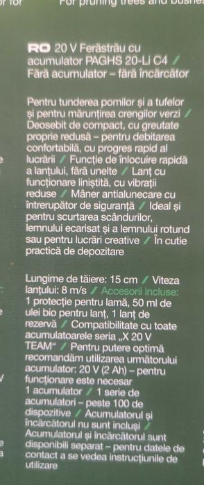 Drujbă cu lanț Parkside NOUĂ pe acumulator 20 V (neinclus), minidrujbă