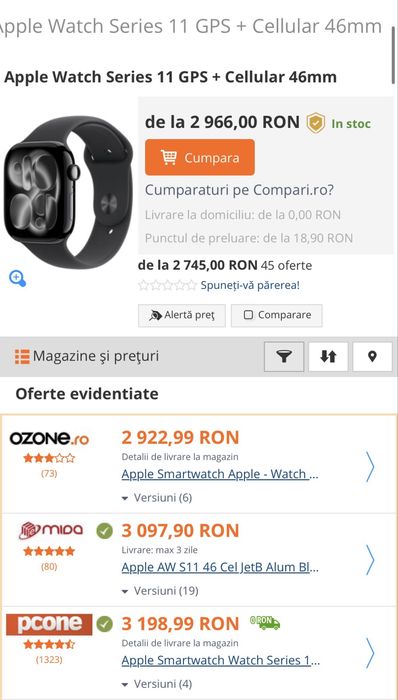 MDM vinde: Apple Watch Seria 11, Cellular, 46mm, Jet Black.