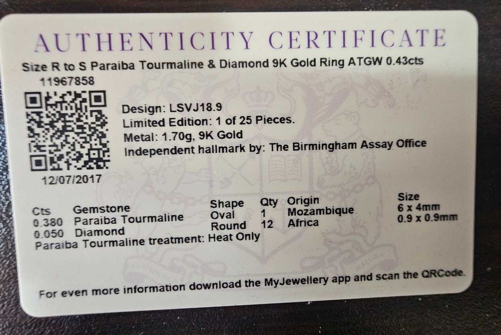 Златен пръстен  с  ПАРАЙБА ТУРМАЛИН (Мозамбик) и диаманти  СЕРТИФИКАТ