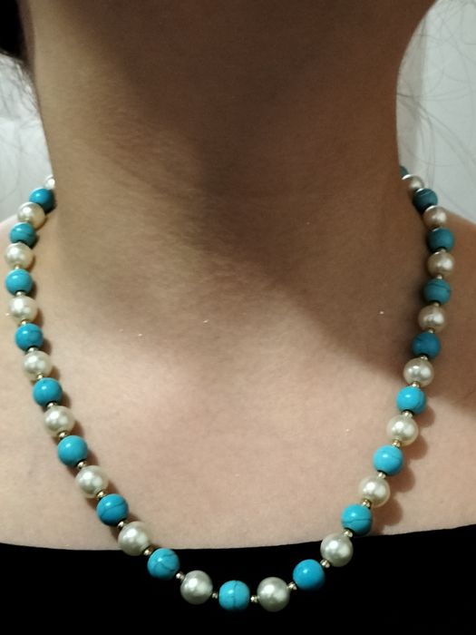 Set bijuterii boho- colier, brățară, cercei și inel, turcoaz & perle