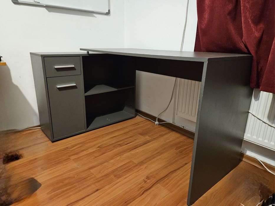 Birou pe colț Premium - Gri Antracit - Spațios, cu Sertare și Rafturi