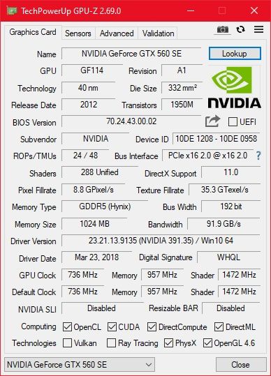 Видеокарта Geforce GTX560SE 1Gb