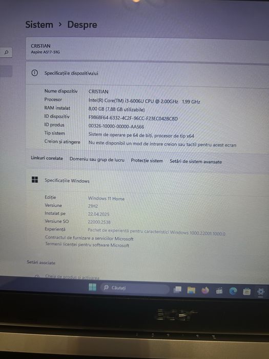 Laptop Acer Aspire , 17 inch, A517-51Series, i3-6006U 2.00Ghz, 8Gb Ram, SSD 256Gb
