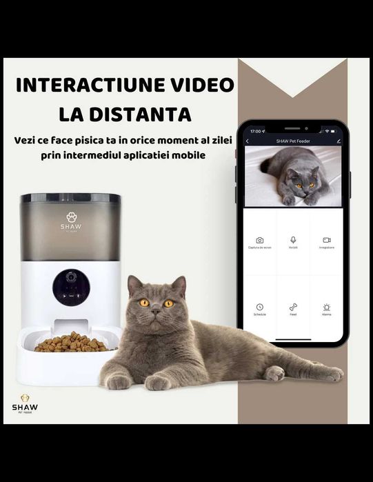 SHAW Pet Feeder Hranitor automat dispenser hrana Smart pentru caini pisici camera video infrarosu aplicatie programabil 4L