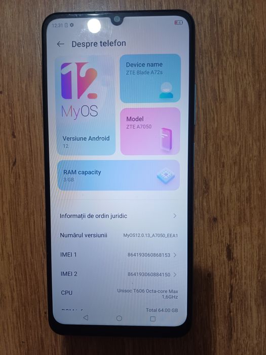Telefon ZTE Blade A72 4Gb RAM 64Gb memorie interna. Stare impecabila