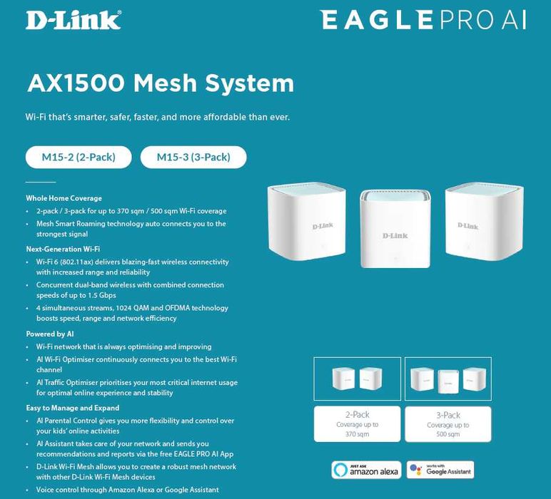 Sistem Wi-Fi Mesh Smart Eagle PRO AI D-Link M15-2, AX1500, Dual-Band, MU-MIMO, OFDMA, asistenta AI, Control Parental, Control Vocal Google/Alexa