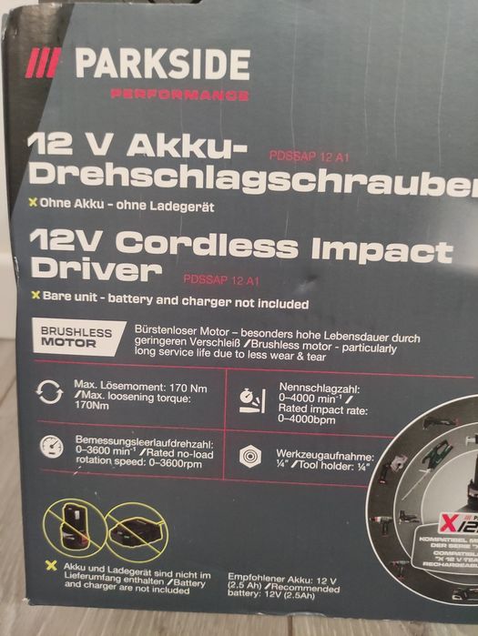 Bormasina cu impact de biti Parkside Performance pe acumulator de 12 V