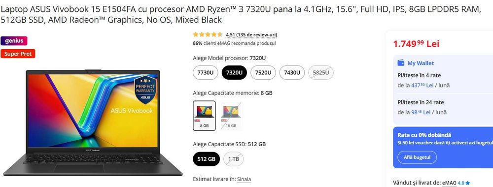 ASUS Vivobook Ryzen3 7320U 15.6" FHD 8GB DDR5 SSD 512GB garant 20 luni