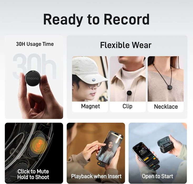 Безжичен микрофон Maono Wave T5 - За iPhone, Android и Камери (3-в-1)