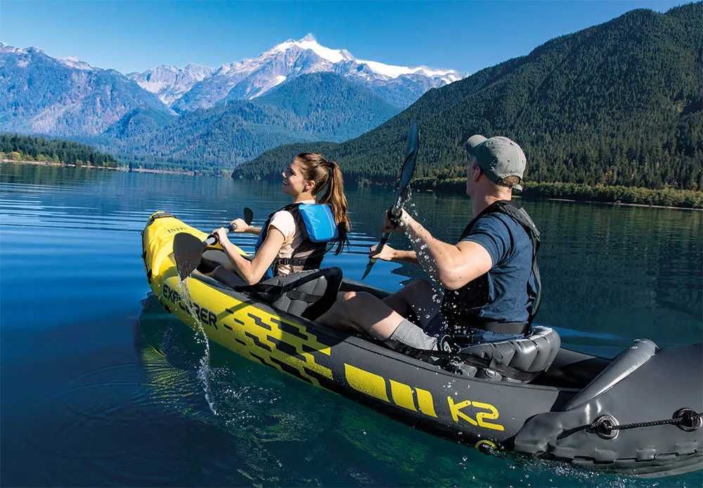 Нов двуместен каяк Intex Explorer K2 с помпа 2 ауминиеви гребла и сак надуваема лодка