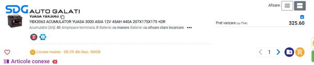 Baterie Acumulator Auto 45AH 440A Yuasa YBX3063 Volkswagen Audi Seat Skoda Ford Opel Toyota BMW Mercedes Renault Peugeot Dacia [D0283]