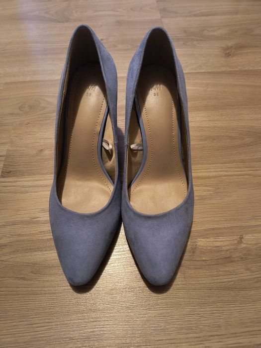Pantofi cu toc pătrat, culoare albastru deschis