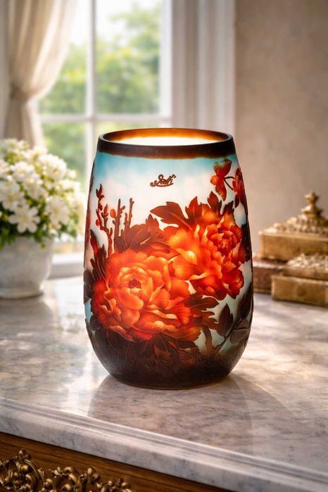 Vază Art Nouveau din sticlă cameo, semnată Gallé