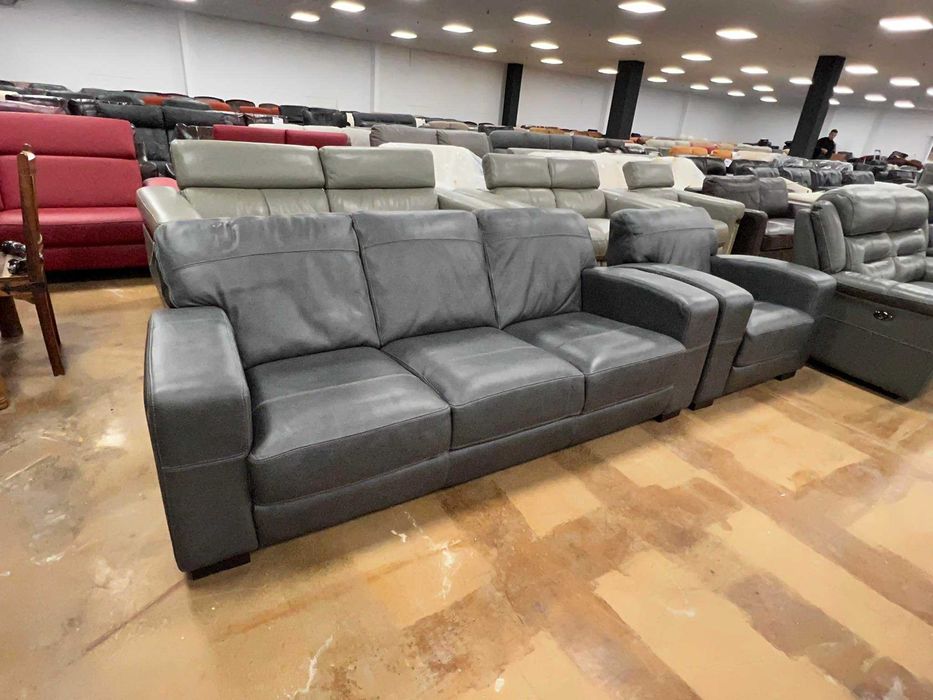 ПРОМОЦИЯ!!! Сив кожен диван тройка и фотьойл - естествена кожа