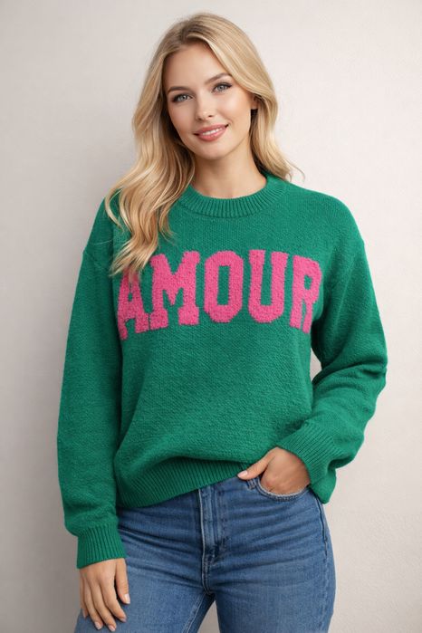 Дамски пуловер в зелено и розово