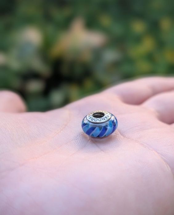 Vechi charm Pandora ALE, original, argint 925, Blue Stripes, sticla de Murano, cod 790611, model retras