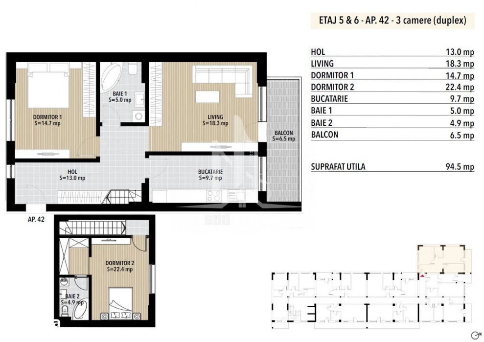 Duplex 3 camere etaj 5 & 6 Grand Arena Dealul Cucului.