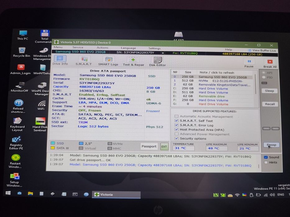 SSD Samsung 860 EVO 250GB SATA 3 2.5” – 97% Health – Testat